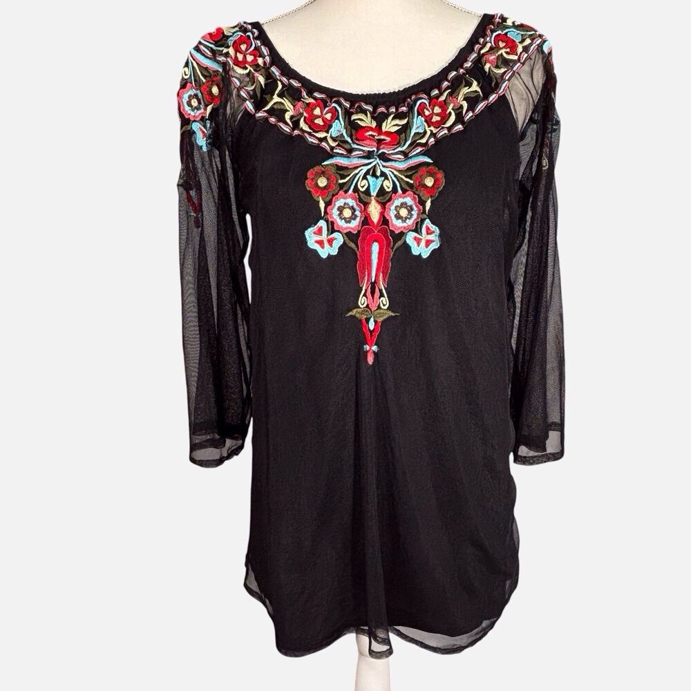 Scully Womens Embroidered Top Black Medium Sheer 3/4 Sleeve Floral Western